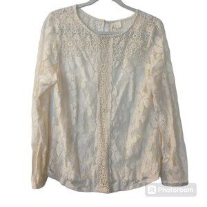 Women's ADiva Off White Lace Sheer Long Sleeve Blouse Size Large